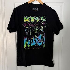 Kiss Black Tee with Neon Green, Yellow & Purple Band Graphic
